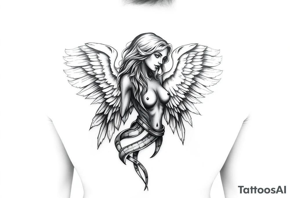 make a tatto of a female angel full body without clothes please. tattoo idea