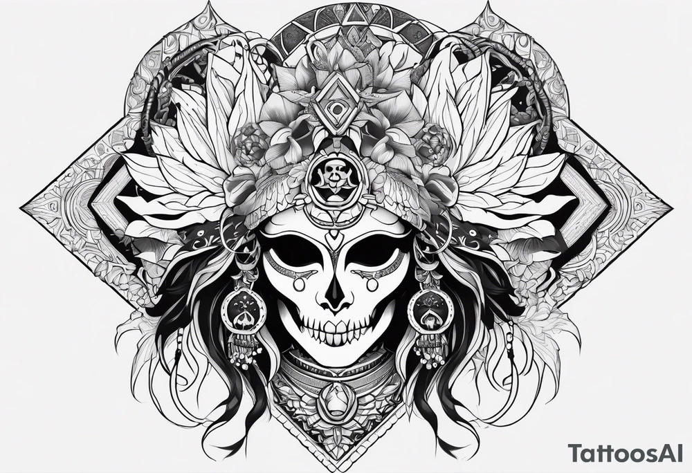 kali ma, alien goddess, valkrye, aries, pirate, divine feminine, zenza resonance, pachamama, lotus azul, blank panther, eagle, skull, 5D, nueva gaya, dna 12, left side chest tatoo tattoo idea
