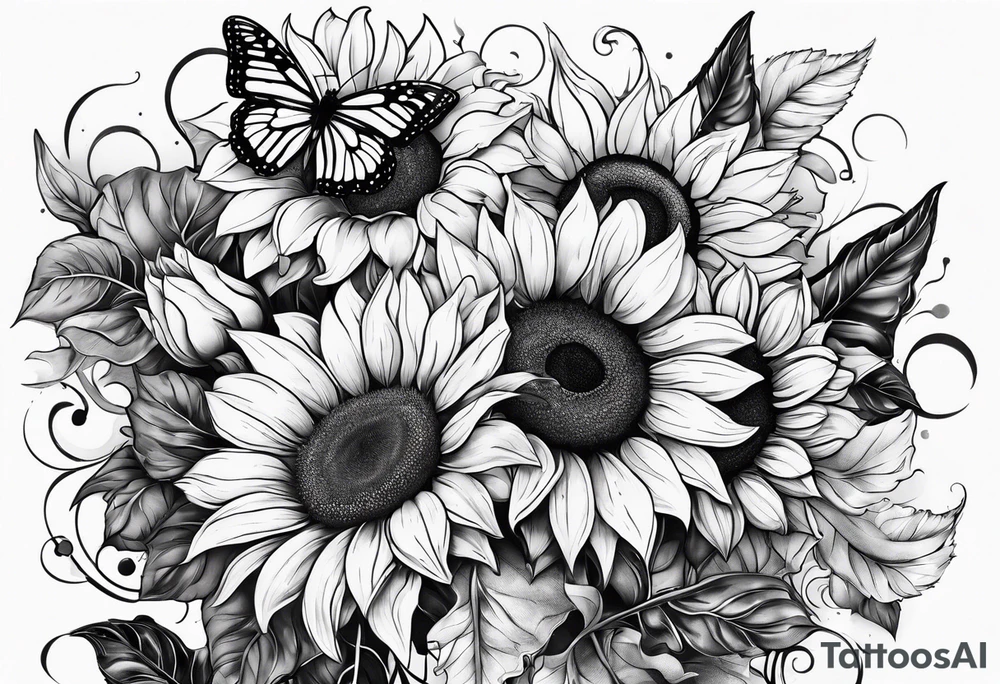 Arm sleeve with sunflowers and butterflies tattoo idea