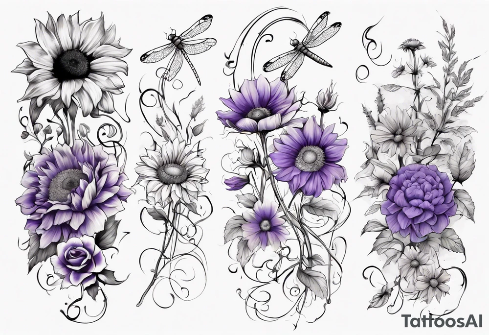 Arm sleeve, sunflowers, dragonflies, three cosmos flower, one violet, one carnation, vines and leaves tattoo idea