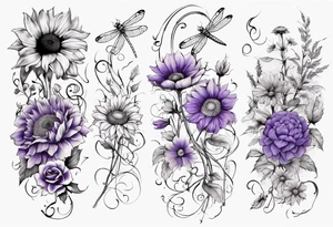 Arm sleeve, sunflowers, dragonflies, three cosmos flower, one violet, one carnation, vines and leaves tattoo idea