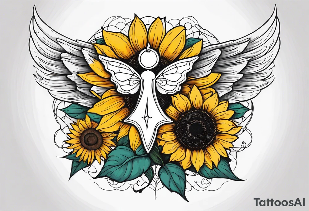 Sleeve with angel wings, sunflower and butterfly tattoo idea