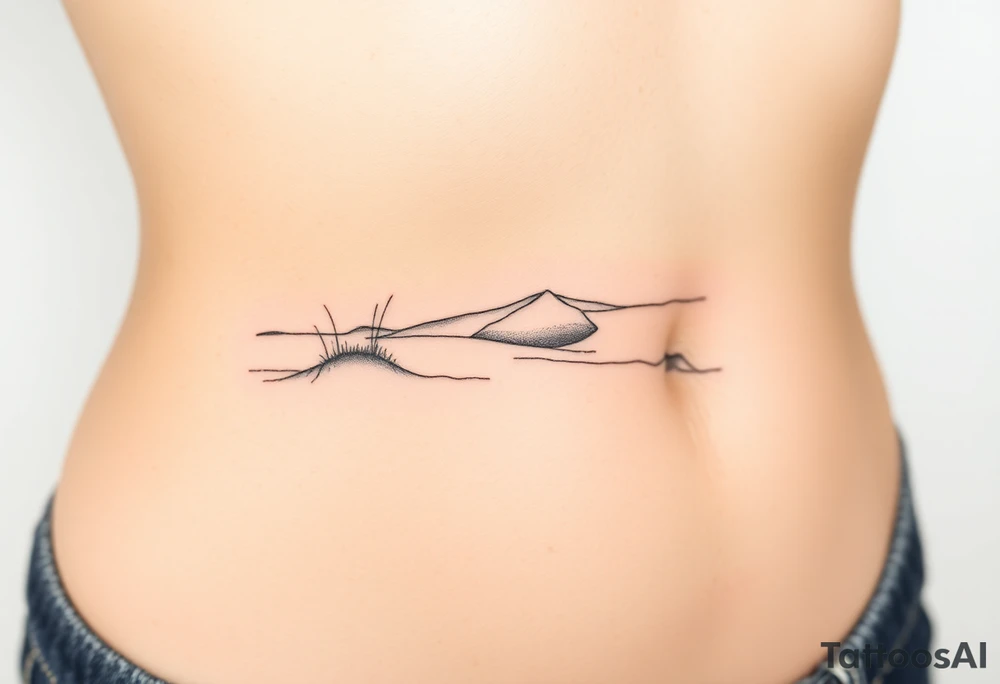 Landscape of sand dune and peasible sea (like in the north of France) in a minimalist style tattoo idea