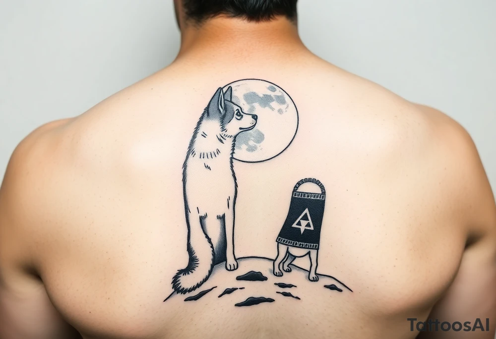smALL HUSKY LOOKING AT A TRIBAL MOON STANDONG IN THE SAND IN THE SEA tattoo idea
