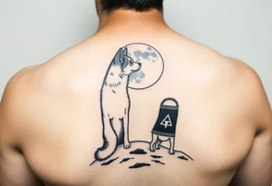smALL HUSKY LOOKING AT A TRIBAL MOON STANDONG IN THE SAND IN THE SEA tattoo idea