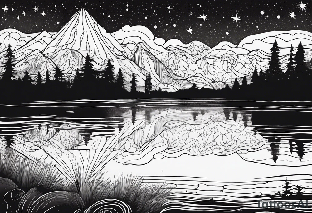 a lake reflecting a dark starry sky with a forest around it tattoo idea