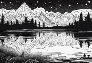 a lake reflecting a dark starry sky with a forest around it tattoo idea
