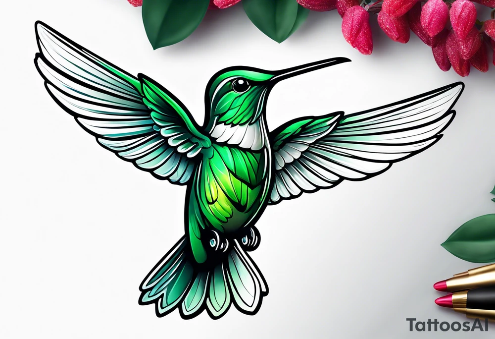 green hummingbird very small in flight ready to drink tattoo idea