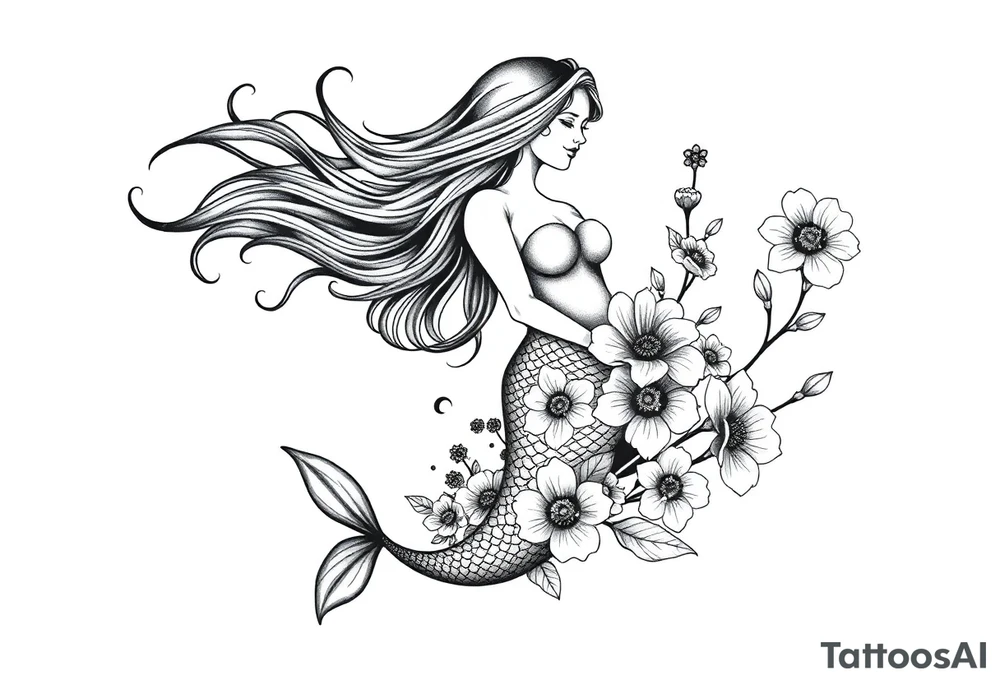 ethereal mermaid with flowing hair among coral and sea flowers tattoo idea