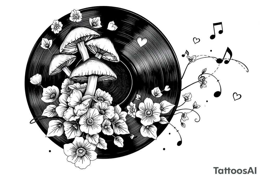 vinyl record with mushrooms, flowers, hearts, and music notes tattoo idea