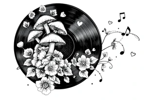 vinyl record with mushrooms, flowers, hearts, and music notes tattoo idea