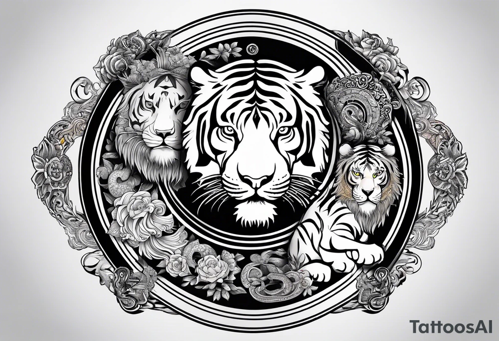 Tiger and lion on a yin yang plate tattoo idea