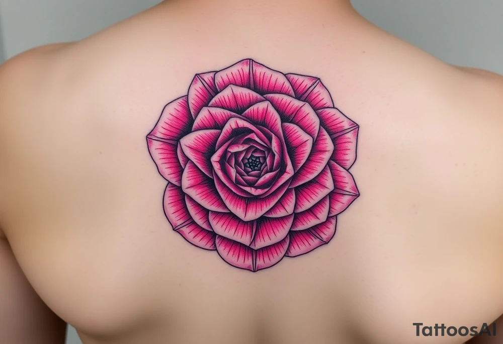The pink rose appears as if viewed through a mesmerizing kaleidoscope, with its delicate petals radiating outward in a perfectly symmetrical, fractal-like pattern. Shades of soft blush and vibrant magenta blend seamlessly, creating a hypnotic, almost surreal visual effect that draws the eye deeper into its intricate layers. The petals seem to fold and reflect infinitely, forming geometric shapes that shift and transform, giving the rose an ethereal, dreamlike quality hand tattoo tattoo idea