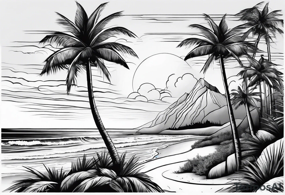fine line beach landscape on upper arm with palm trees tattoo idea
