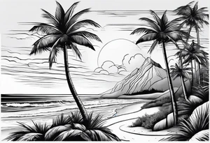 fine line beach landscape on upper arm with palm trees tattoo idea
