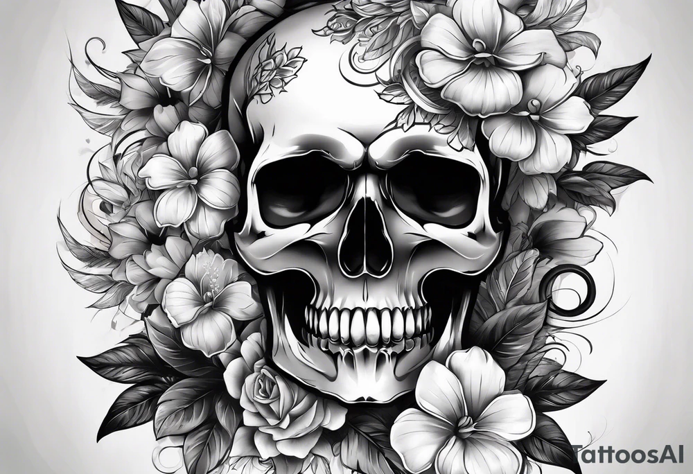 A Skull with blue eyes, smoke around the head and there flowers under the skull tattoo idea
