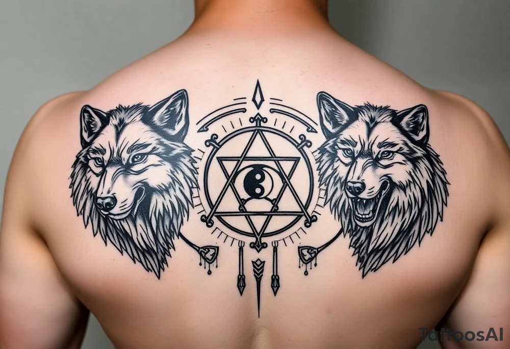 powerful wolfs with a Triskelion also yin and yang and some meaningful stripes tattoo idea
