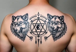 powerful wolfs with a Triskelion also yin and yang and some meaningful stripes tattoo idea