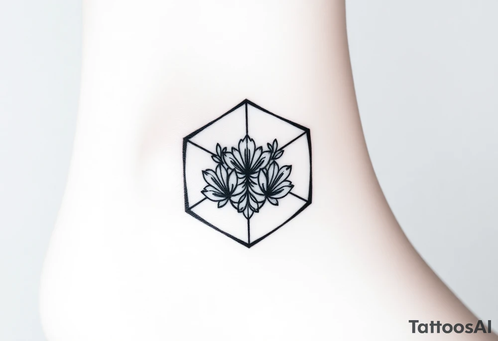 Hexagon with astrological sign for Leo, larkspur and water lilies in the center tattoo idea