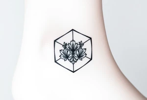Hexagon with astrological sign for Leo,  larkspur and water lilies in the center tattoo idea