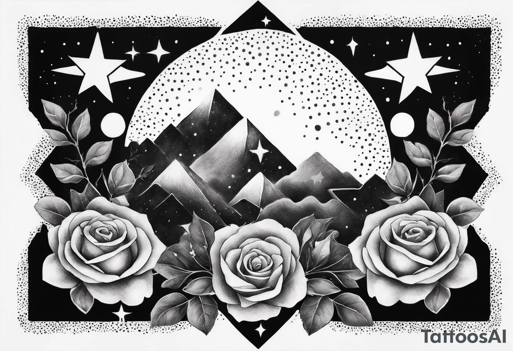 Tesseract with clouds small roses and stars around it tattoo idea