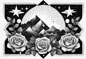 Tesseract with clouds small roses and stars around it tattoo idea