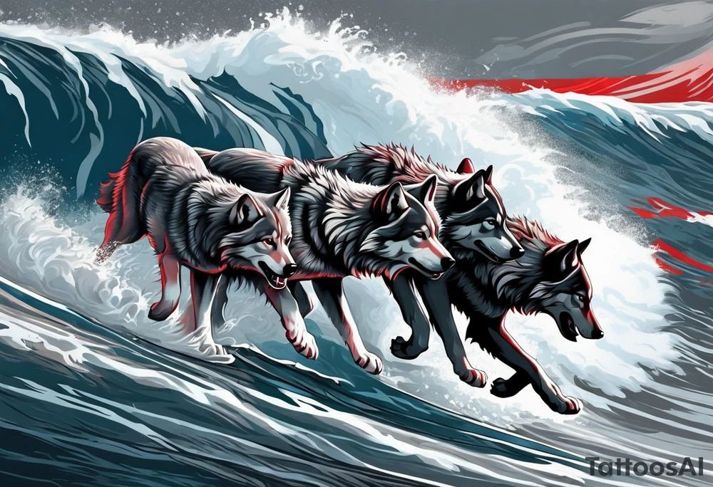 a pack of howling muscular  gray wolves surfing waves with a linear background with red, white and black and gray tattoo idea