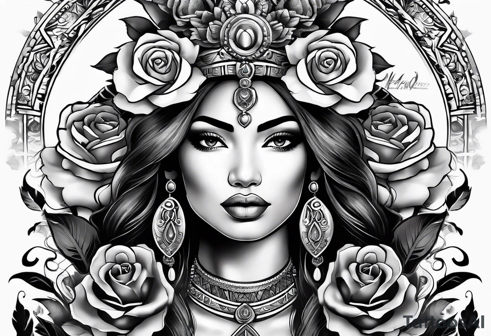 Mayan princess with roses & desert tattoo idea