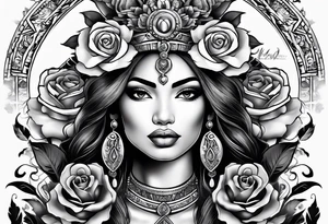 Mayan princess with roses & desert tattoo idea