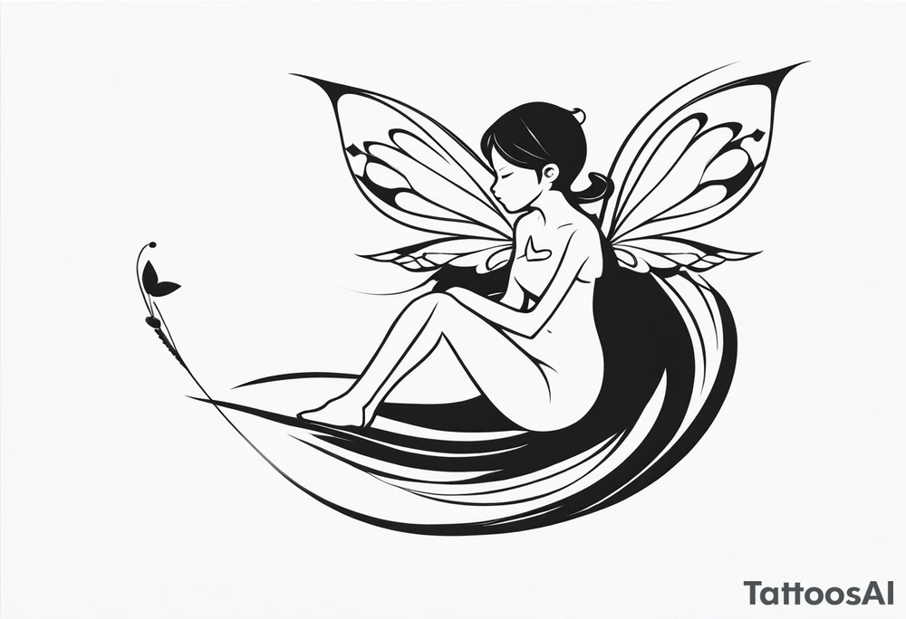 Minimalistic, monochromatic fairy with a tail flying to the left in a fetal position, leaning and looking in the same direction, with visible hands, embodying the 'Fairy Tail' logo aesthetic. tattoo idea