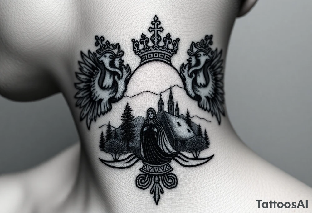 Traditional authentic Russian coat of arms with a Christian orthodox virgin marry in the middle and silhouette in a Russian wilderness Christian orthodoxy village setting tattoo idea