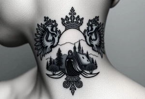 Traditional authentic Russian coat of arms with a Christian orthodox virgin marry in the middle and silhouette in a Russian wilderness Christian orthodoxy village setting tattoo idea