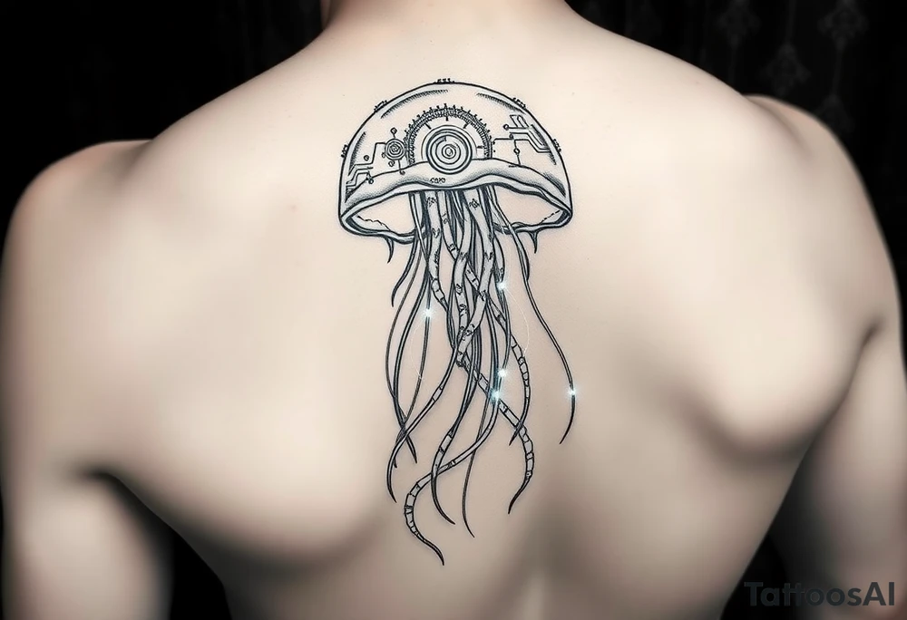 Cybernetic Jellyfish Floating in a Data Stream
A jellyfish with transparent, bio-luminescent skin showing circuits inside.
Its tendrils made of glowing fiber-optic cables.
Floating through a sea of corrupted code. tattoo idea