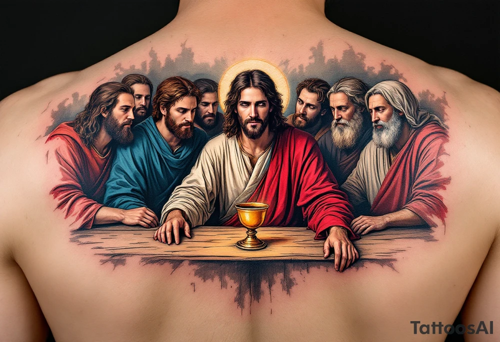 Jesus and the Apostles – A scene depicting Jesus seated at the Last Supper, with vibrant reds, blues, and earth tones representing His apostles. The golden chalice in front of Him symbolizes communion. tattoo idea