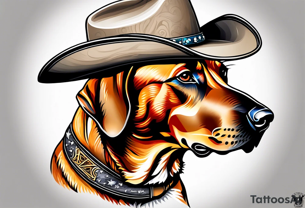 Rhodesian ridgeback wearing a cowboy hat looking straight on tattoo idea