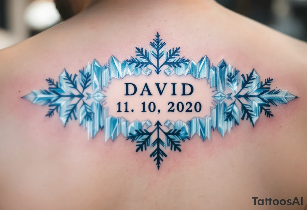 David 11. 10. 2020 – Icicle-like designs of light blue and white, framing David's birthdate, with a snowflake pattern and soft frost detailing. tattoo idea