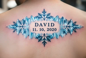 David 11. 10. 2020 – Icicle-like designs of light blue and white, framing David's birthdate, with a snowflake pattern and soft frost detailing. tattoo idea