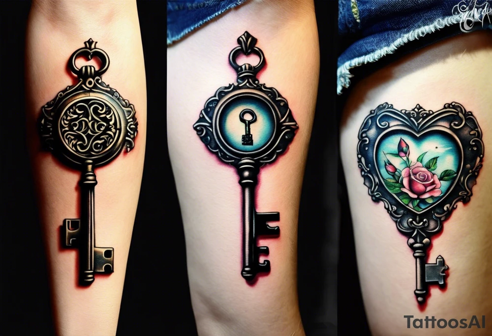 couple tattoos of an old antique key and locket set. the key is on the males inner thigh. the antique locket is going on her inner thigh. when tattoos are together the key looks like it unlocks the locket. tattoo idea
