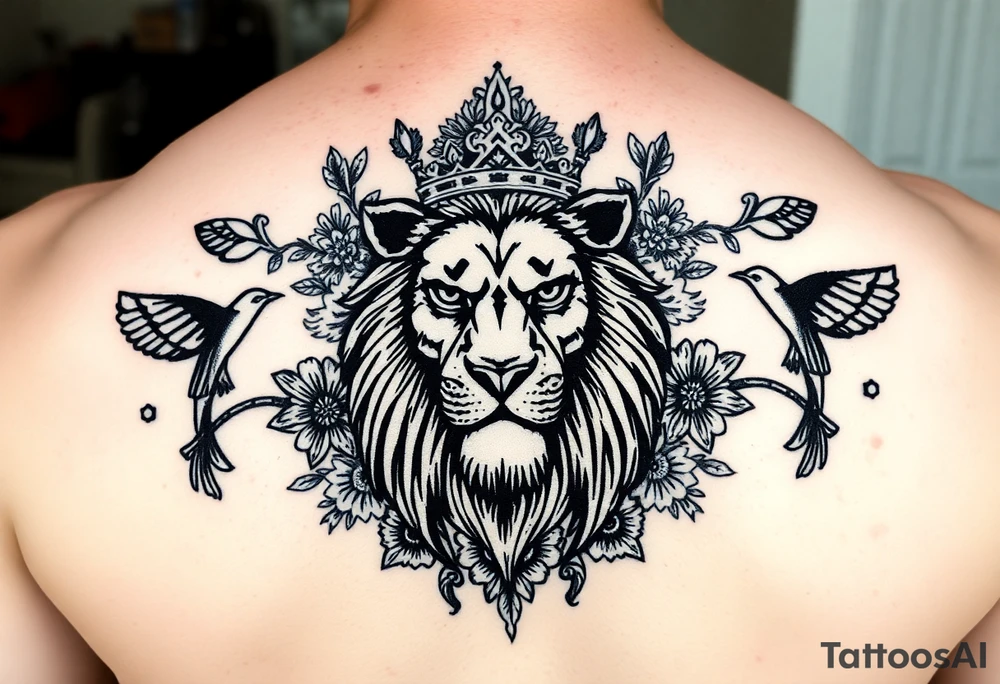 powerful majestic lion with a crown, surrounded by floral ornaments and birds tattoo idea