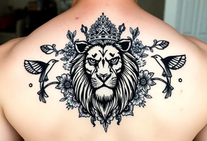 powerful majestic lion with a crown, surrounded by floral ornaments and birds tattoo idea