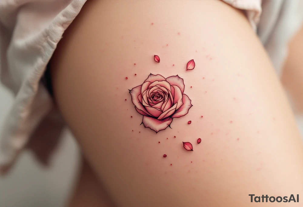 Mini tattoo of rose petals falling, in rose gold ink on pale skin, graceful and symbolic. tattoo idea