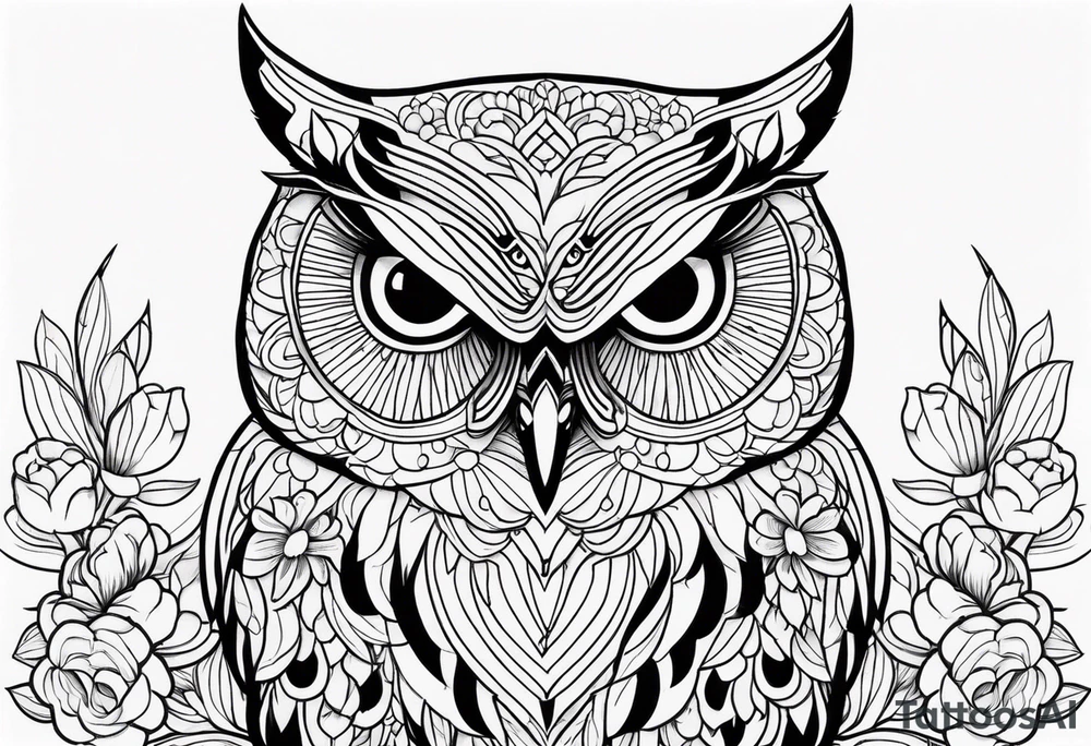 female owl with flowers tattoo idea