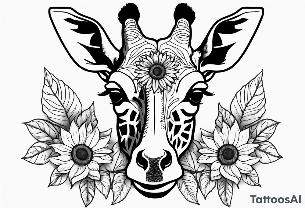 giraffe front view with sunflower and leafs forearm tattoo idea