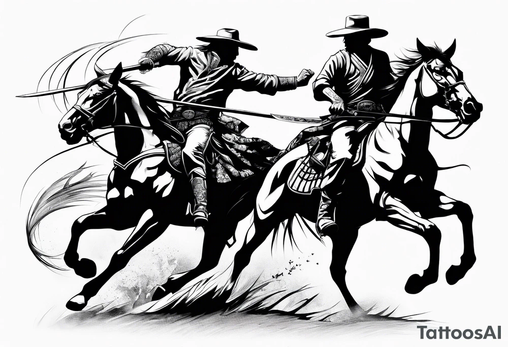 an American cowboy and a japanese samurai fighting each other in battle tattoo idea