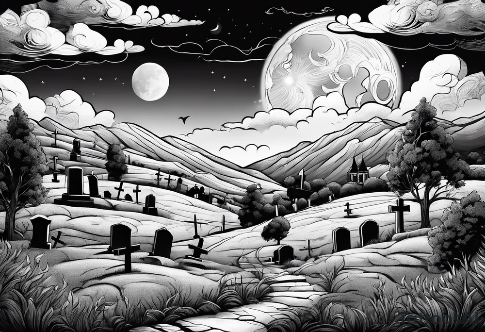 Cemetery on hills with clouds and moon tattoo idea