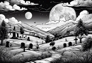 Cemetery on hills with clouds and moon tattoo idea