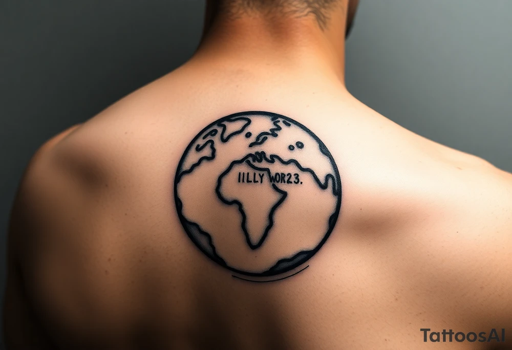 a globe with Lilly’s world and 16.05.23 on the shoulder tattoo idea