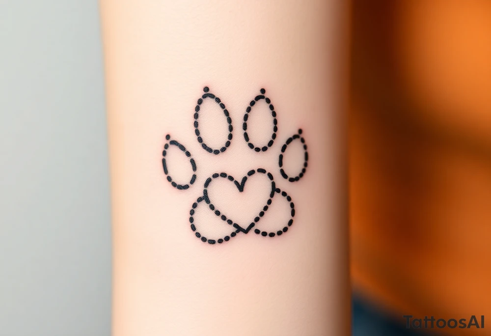 A dotwork-style paw print using only black ink with carefully placed stippling for a soft, shaded texture with heart tattoo idea