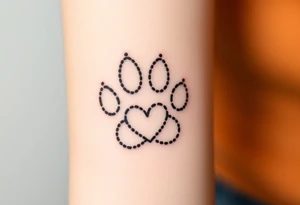 A dotwork-style paw print using only black ink with carefully placed stippling for a soft, shaded texture with heart tattoo idea