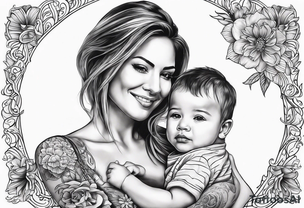 chest tattoo : 
mom and baby son tattoo idea